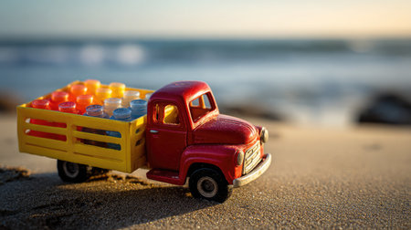 Red and yellow beach toy truck filled with molds sitting on smooth, undisturbed beach surfaceの素材