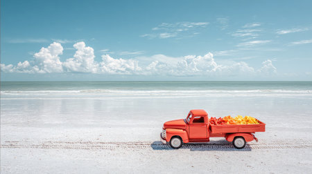 Plastic beach truck filled with scoopers and castle molds placed neatly on smooth shoreline sandの素材