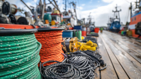 Neatly arranged commercial fishing tools and coiled ropes on boat deck in dockの素材