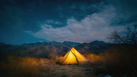 Scene of soft flashlight glow under night sky with scattered clouds, beside a lonely tentの素材