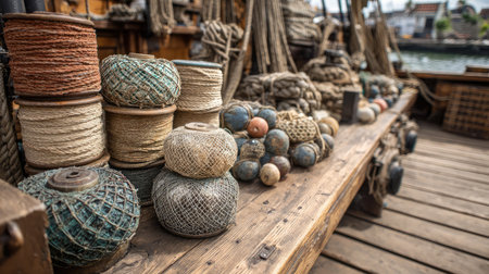 Neatly stacked fishing nets beside metal buoys and knots on an aged wooden boat deckの素材