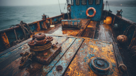 Seaside fishing boat deck with wet rope, rusted gear, and aged wooden floorの素材