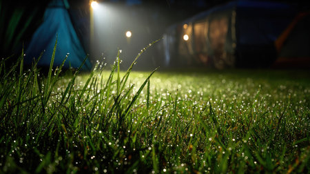 Light from flashlight reflects off dew-covered grass at campsite near tent entranceの素材