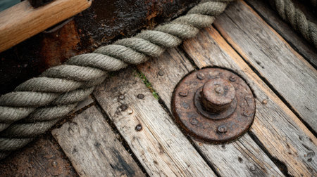 Seaside fishing boat deck with wet rope, rusted gear, and aged wooden floorの素材