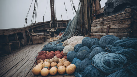 Traditional fishing nets rolled tightly with wooden floats stacked on a clean deckの素材