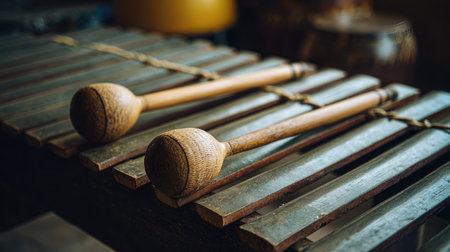 A pair of wooden mallets resting diagonally on the bars of a Thai xylophoneの素材