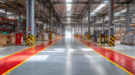 Central warehouse floor showing full traffic flow layout with painted signs and warningsの素材
