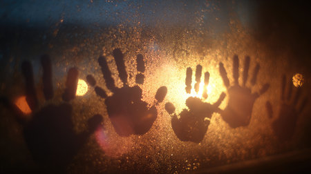 Faint handprints on glass as if reaching skyward, surrounded by warm backlightの素材