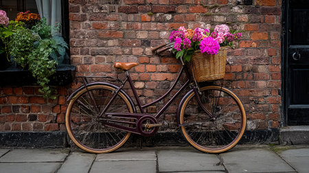 Stylish bicycle leaning against a brick wall with basket filled with fresh flowersの素材