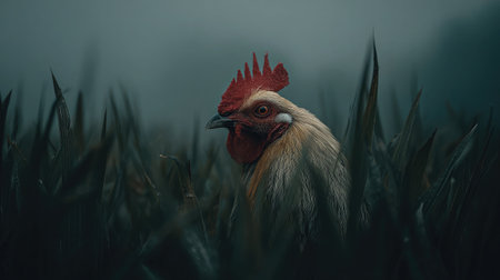Rooster in tall green grass with only its head and comb visible above the bladesの素材