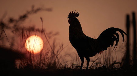 Rooster silhouette in front of rising sun on the edge of a quiet villageの素材