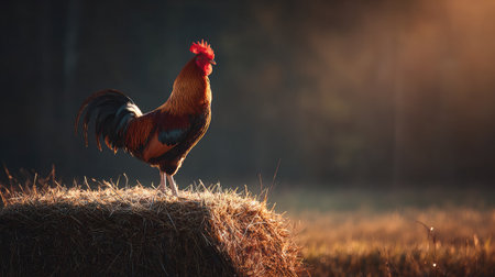 Rooster crowing on top of a bale of hay with golden light streaming in from behindの素材
