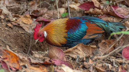 Vibrant rooster in a patch of dirt scratching and pecking among dry leavesの素材
