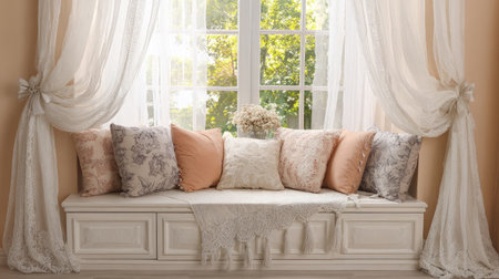 Soft blush and ivory pillows perfectly arranged on a window seat with sheer curtainsの素材