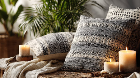 Patterned pillows with tribal designs styled beside candles and natural woodの素材