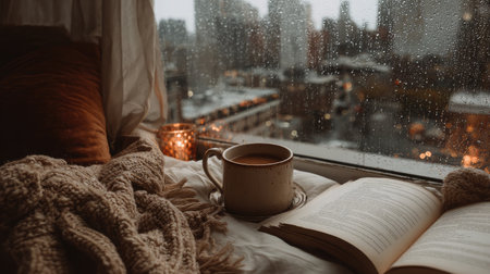 Rainy window view with warm mug, cozy blanket, and book placed on nearby tableの素材