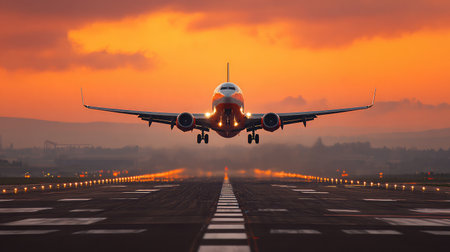 A jetliner lifting into the sky with orange sunrise glow behind and runway lines visibleの素材