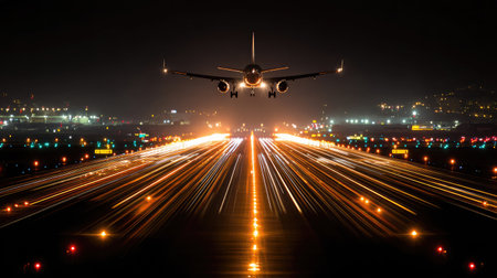 Plane taking off framed by runway lights and guiding signs on both sidesの素材