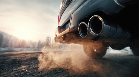 Pickup truck with dual exhaust pipes spewing thick emissions into clear skyの素材