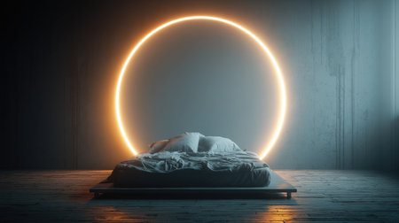 Contemporary lamp casting circular light on a navy wall behind minimalist bedの素材