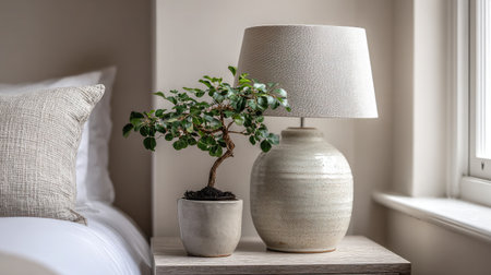 Bedside lamp with a ceramic base and linen shade beside a potted plant on a nightstandの素材