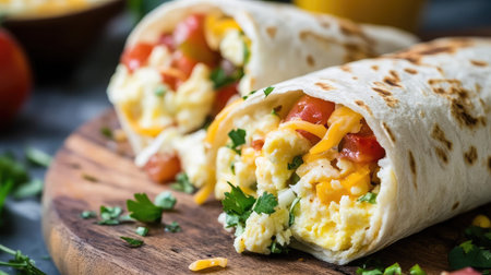 A breakfast burrito cut in half, revealing scrambled eggs, cheese, and hash browns inside.の素材
