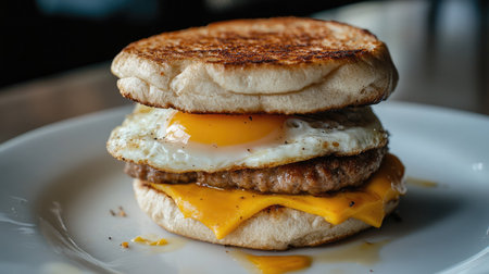 A breakfast sandwich with egg, cheese, and sausage on a toasted English muffin.の素材