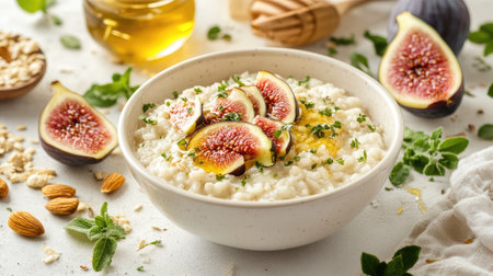 A bowl of creamy rice porridge topped with honey, almonds, and fresh figs.の素材