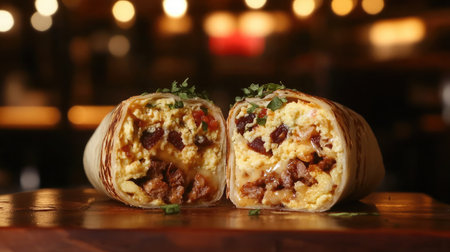 A breakfast burrito cut in half, revealing scrambled eggs, cheese, and hash browns inside.の素材