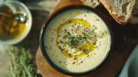 A bowl of lentil soup with a drizzle of olive oil and fresh herbs, served with a side of crusty bread.の素材