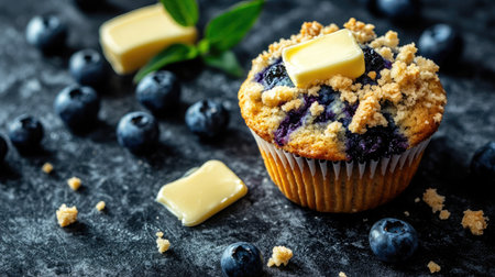 A fresh-baked blueberry muffin with a crumbly top, served with a side of butter.の素材