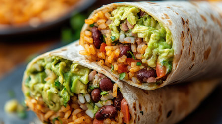 A close-up of a loaded burrito cut in half, showing seasoned rice, beans, and guacamole.の素材