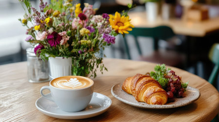 A cozy caf breakfast scene with a latte, a croissant, and a small bouquet of flowers on a table.の素材