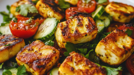 A grilled halloumi salad with cherry tomatoes, cucumber, and a lemon vinaigrette.の素材