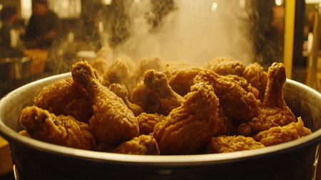 A giant bucket of fried chicken, steaming hot and crispy.の素材