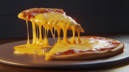 A pizza slice being pulled away, with melted cheese stretching between the slice and the pie.の素材