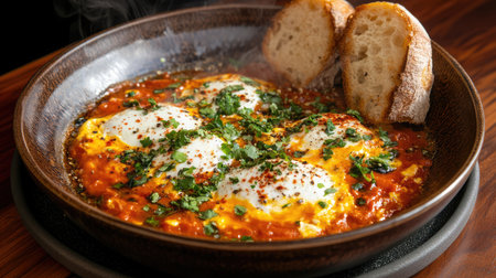 A steaming plate of shakshuka with crusty bread on the side.の素材