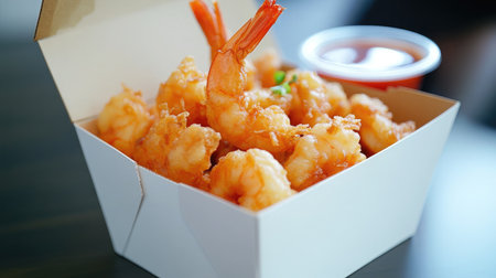 A takeout box filled with golden, crispy tempura shrimp and dipping sauce.の素材