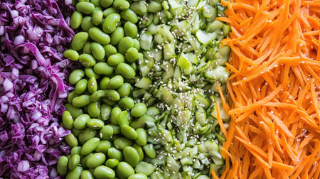 A vibrant Asian noodle salad with sesame dressing, shredded carrots, and edamame.の素材