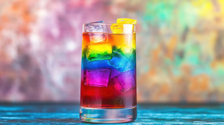 A colorful rainbow cocktail with layered fruit juices and ice cubes, served in a highball glass.の素材