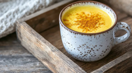 A cup of turmeric golden milk with frothy top, served on a rustic wooden tray.の素材