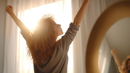 Raised arms reflected in a mirror from behind a curtain, hinting at joyful energyの素材