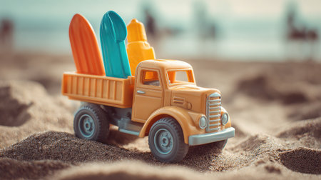 Sand-colored beach toy truck holding vibrant play tools centered on clean beachの素材