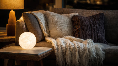 Cozy living room with soft throws, decorative pillows, and ambient lamp lightingの素材