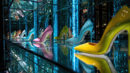 Display of designer heels in glossy finish on a mirrored surface with dramatic lightingの素材