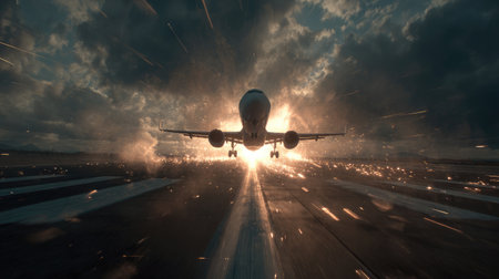 Jetliner taking off with runway heat distortion and light flare surrounding enginesの素材