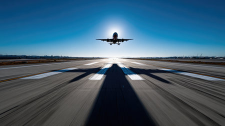 Jet taking off into a clear blue sky with shadow stretching long behind on tarmacの素材