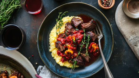 A plate of braised short ribs with red wine sauce, served with creamy polenta.の素材