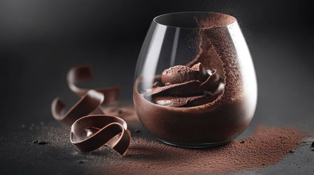 A luxurious chocolate mousse in an elegant glass, garnished with cocoa powder and chocolate curls.の素材