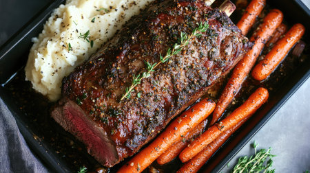 A perfectly cooked rack of lamb with a herb crust, served with garlic mashed potatoes and roasted carrots.の素材